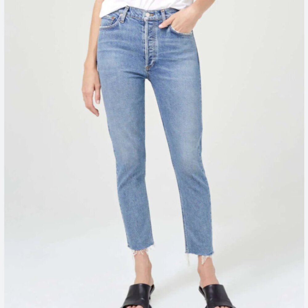 Agolde Nico High Rise Slim Jeans Size 26 Medium Wash Raw Hem